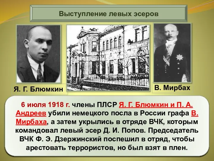 Выступление левых эсеров 6 июля 1918 г. члены ПЛСР Я. Г. Блюмкин