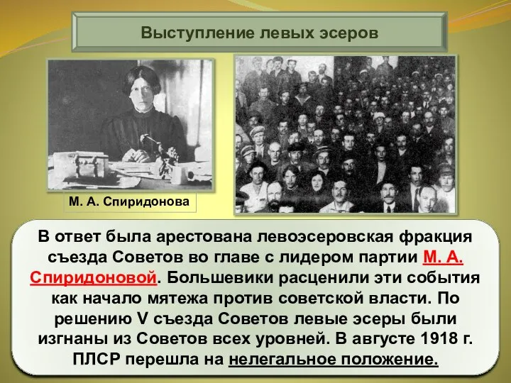 Выступление левых эсеров В ответ была арестована левоэсеровская фракция съезда Советов во
