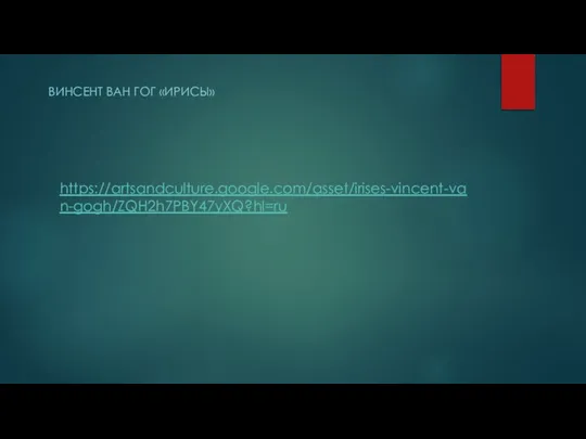 https://artsandculture.google.com/asset/irises-vincent-van-gogh/ZQH2h7PBY47yXQ?hl=ru ВИНСЕНТ ВАН ГОГ «ИРИСЫ»