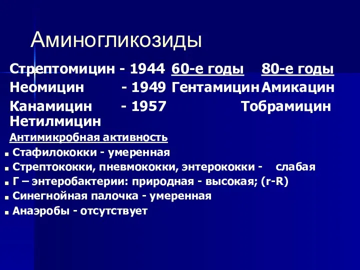 Аминогликозиды Стрептомицин - 1944 60-е годы 80-е годы Неомицин - 1949 Гентамицин