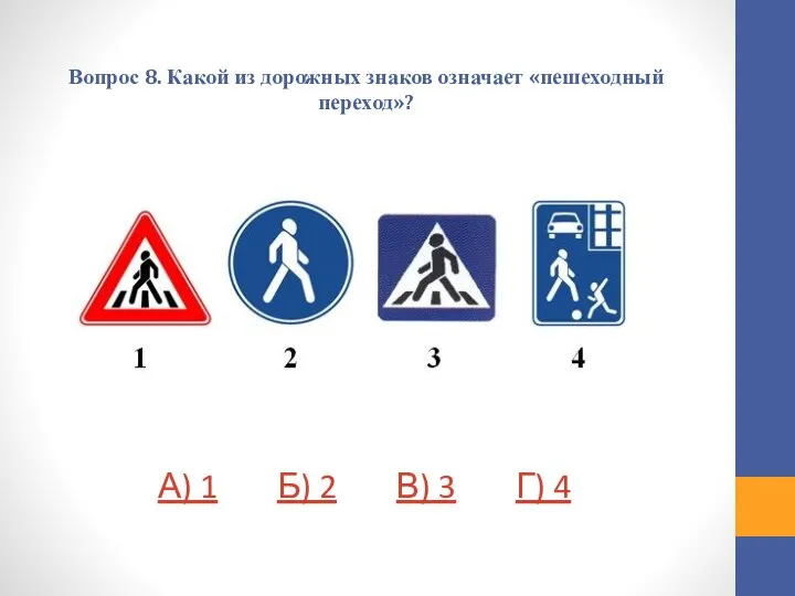 Вопрос 8. Какой из дорожных знаков означает «пешеходный переход»? А) 1 Б)