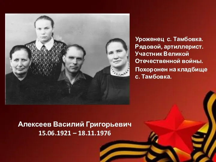 Алексеев Василий Григорьевич 15.06.1921 – 18.11.1976 Уроженец с. Тамбовка. Рядовой, артиллерист. Участник