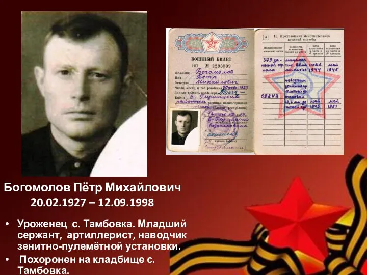 Богомолов Пётр Михайлович 20.02.1927 – 12.09.1998 Уроженец с. Тамбовка. Младший сержант, артиллерист,
