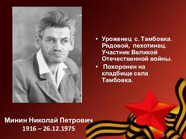 Минин Николай Петрович 1916 – 26.12.1975 Уроженец с. Тамбовка. Рядовой, пехотинец. Участник