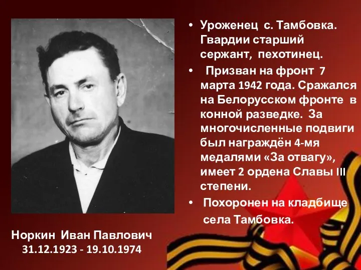 Норкин Иван Павлович 31.12.1923 - 19.10.1974 Уроженец с. Тамбовка. Гвардии старший сержант,