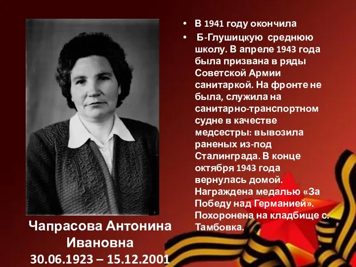Чапрасова Антонина Ивановна 30.06.1923 – 15.12.2001 В 1941 году окончила Б-Глушицкую среднюю