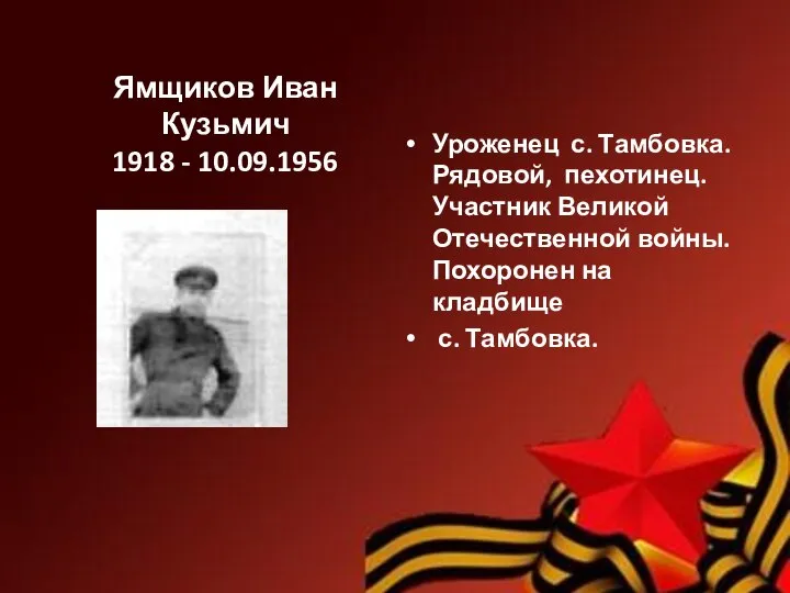 Ямщиков Иван Кузьмич 1918 - 10.09.1956 Уроженец с. Тамбовка. Рядовой, пехотинец. Участник