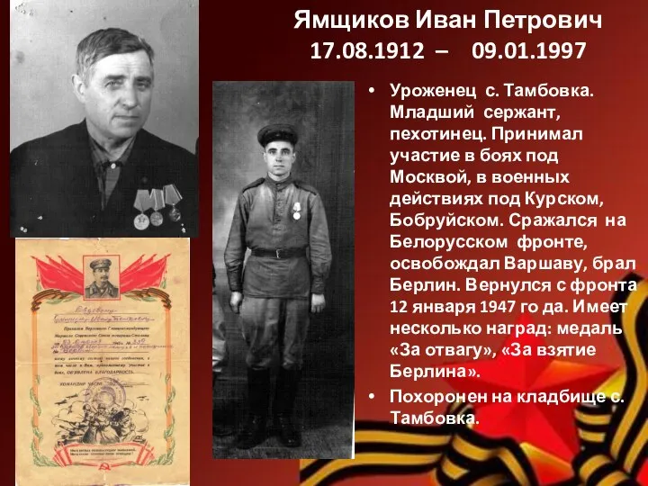 Ямщиков Иван Петрович 17.08.1912 – 09.01.1997 Уроженец с. Тамбовка. Младший сержант, пехотинец.