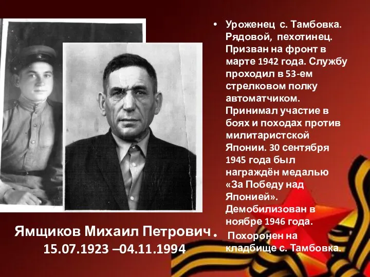 Ямщиков Михаил Петрович 15.07.1923 –04.11.1994 Уроженец с. Тамбовка. Рядовой, пехотинец. Призван на