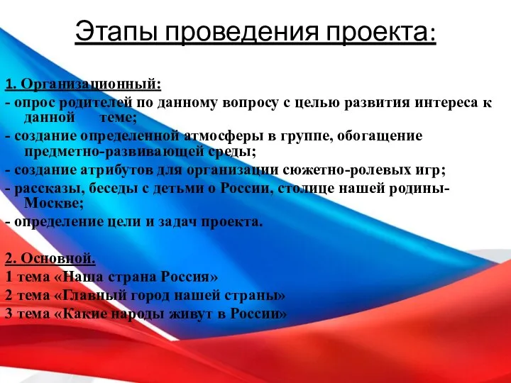 Этапы проведения проекта: 1. Организационный: - опрос родителей по данному вопросу с