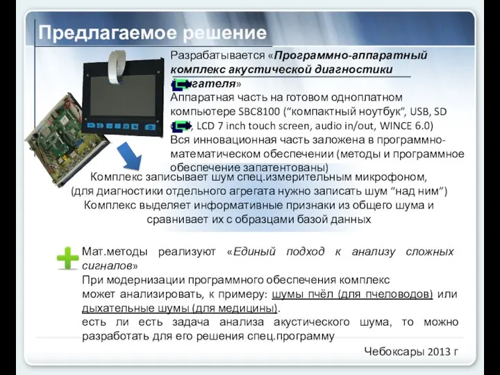 Предлагаемое решение Разрабатывается «Программно-аппаратный комплекс акустической диагностики двигателя» Аппаратная часть на готовом