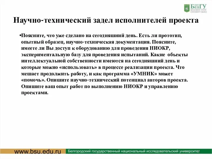 Научно-технический задел исполнителей проекта Поясните, что уже сделано на сегодняшний день. Есть