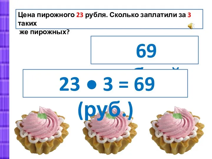 Цена пирожного 23 рубля. Сколько заплатили за 3 таких же пирожных? 69