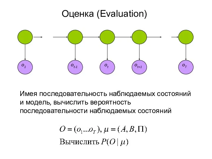 o1 ot ot-1 ot+1 Имея последовательность наблюдаемых состояний и модель, вычислить вероятность