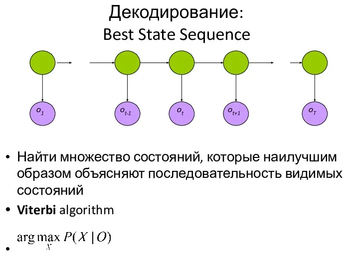 Декодирование: Best State Sequence Найти множество состояний, которые наилучшим образом объясняют последовательность видимых состояний Viterbi algorithm