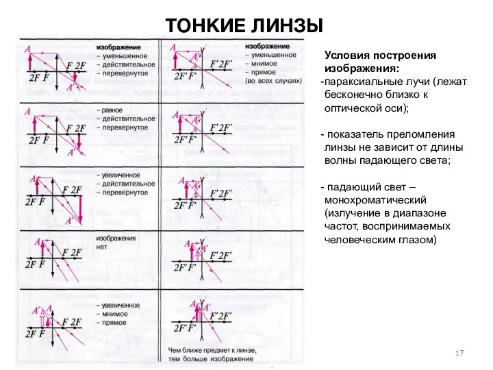 ТОНКИЕ ЛИНЗЫ Условия построения изображения: параксиальные лучи (лежат бесконечно близко к оптической