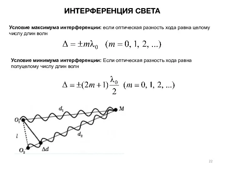Условие минимума интерференции: Если оптическая разность хода равна полуцелому числу длин волн