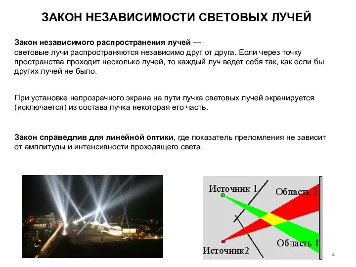 ЗАКОН НЕЗАВИСИМОСТИ СВЕТОВЫХ ЛУЧЕЙ Закон независимого распространения лучей — световые лучи распространяются