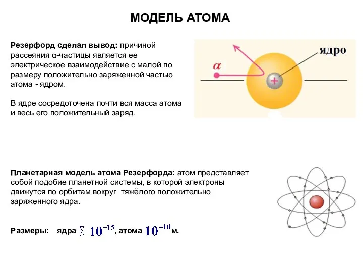 Резерфорд сделал вывод: причиной рассеяния α-частицы является ее электрическое взаимодействие с малой