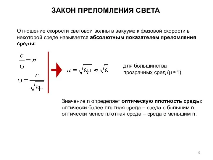 ЗАКОН ПРЕЛОМЛЕНИЯ СВЕТА Отношение скорости световой волны в вакууме к фазовой скорости