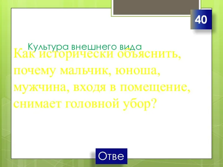 Культура внешнего вида Как исторически объяснить, почему мальчик, юноша, мужчина, входя в