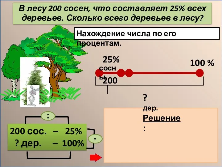 Нахождение числа по его процентам. 200 сос. – 25% ? дер. –