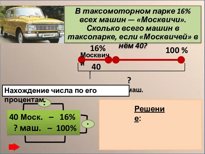 В таксомоторном парке 16% всех машин — «Москвичи». Сколько всего машин в