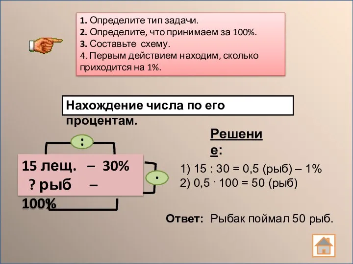 1. Определите тип задачи. 2. Определите, что принимаем за 100%. 3. Составьте