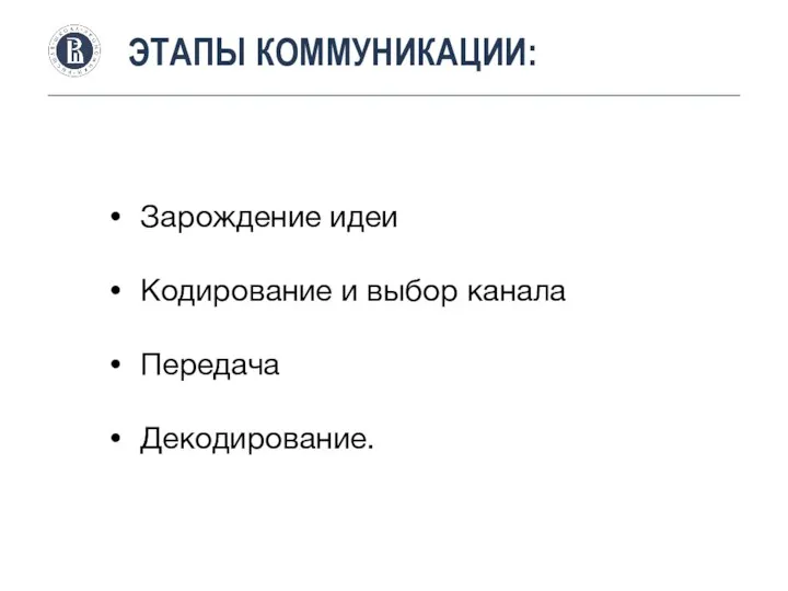 ЭТАПЫ КОММУНИКАЦИИ: Зарождение идеи Кодирование и выбор канала Передача Декодирование.