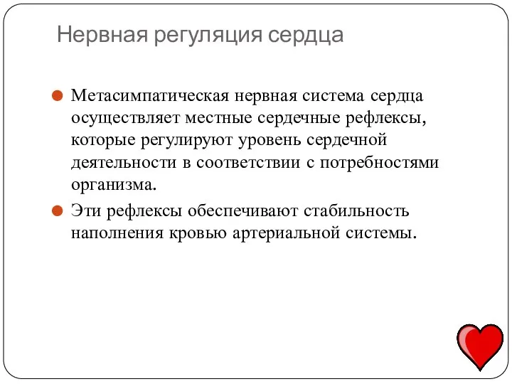 Метасимпатическая нервная система сердца осуществляет местные сердечные рефлексы, которые регулируют уровень сердечной