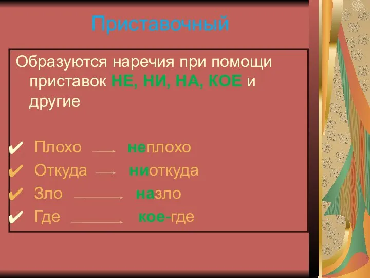 Приставочный Образуются наречия при помощи приставок НЕ, НИ, НА, КОЕ и другие