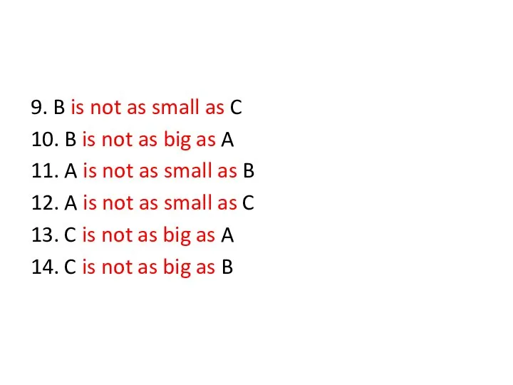 9. B is not as small as C 10. B is not