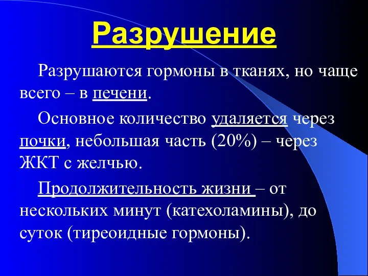 Разрушение Разрушаются гормоны в тканях, но чаще всего – в печени. Основное