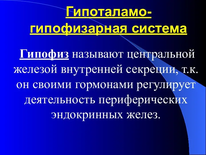 Гипоталамо-гипофизарная система Гипофиз называют центральной железой внутренней секреции, т.к. он своими гормонами