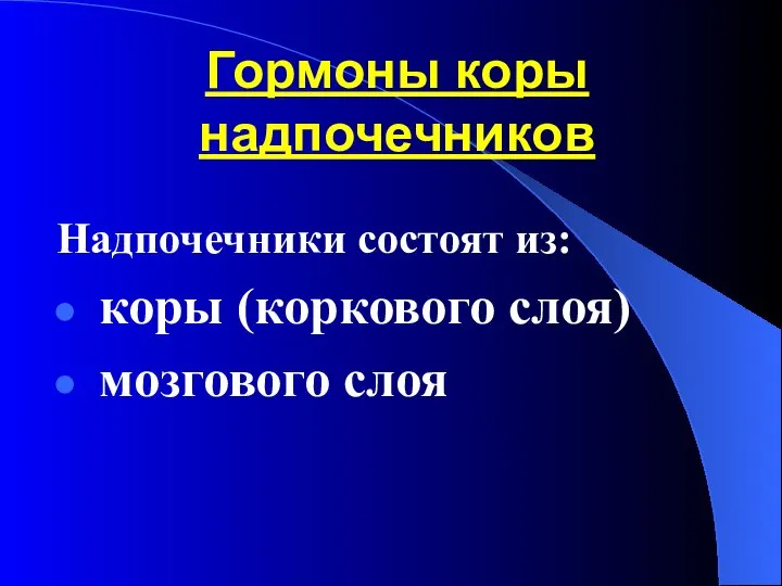 Гормоны коры надпочечников Надпочечники состоят из: коры (коркового слоя) мозгового слоя