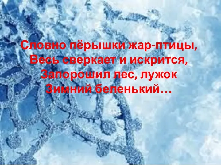 Словно пёрышки жар-птицы, Весь сверкает и искрится, Запорошил лес, лужок Зимний беленький…