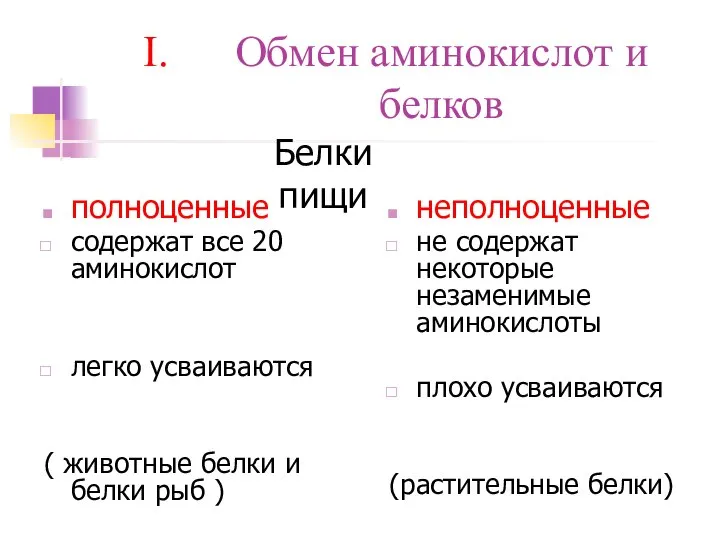 Обмен аминокислот и белков полноценные содержат все 20 аминокислот легко усваиваются (