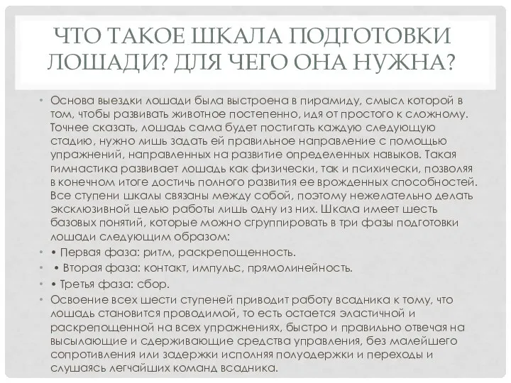 ЧТО ТАКОЕ ШКАЛА ПОДГОТОВКИ ЛОШАДИ? ДЛЯ ЧЕГО ОНА НУЖНА? Основа выездки лошади