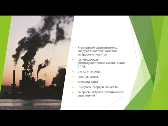 К основным загрязнителям воздуха в составе валовых выбро­сов относятся углеводороды (преимущественно метан,