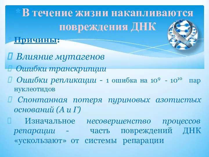 В течение жизни накапливаются повреждения ДНК Причины: Влияние мутагенов Ошибки транскрипции Ошибки