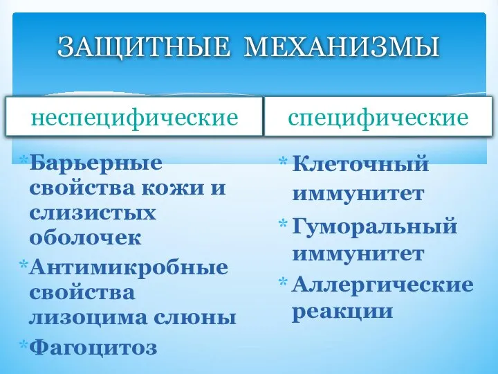 ЗАЩИТНЫЕ МЕХАНИЗМЫ неспецифические Барьерные свойства кожи и слизистых оболочек Антимикробные свойства лизоцима