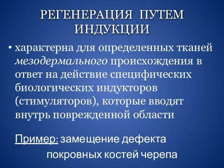 РЕГЕНЕРАЦИЯ ПУТЕМ ИНДУКЦИИ характерна для определенных тканей мезодермального происхождения в ответ на