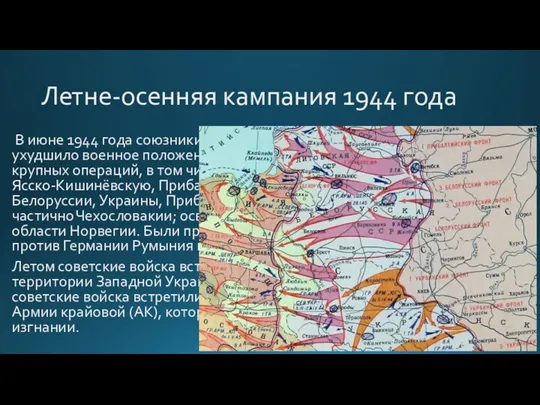 Летне-осенняя кампания 1944 года В июне 1944 года союзники открыли второй фронт,