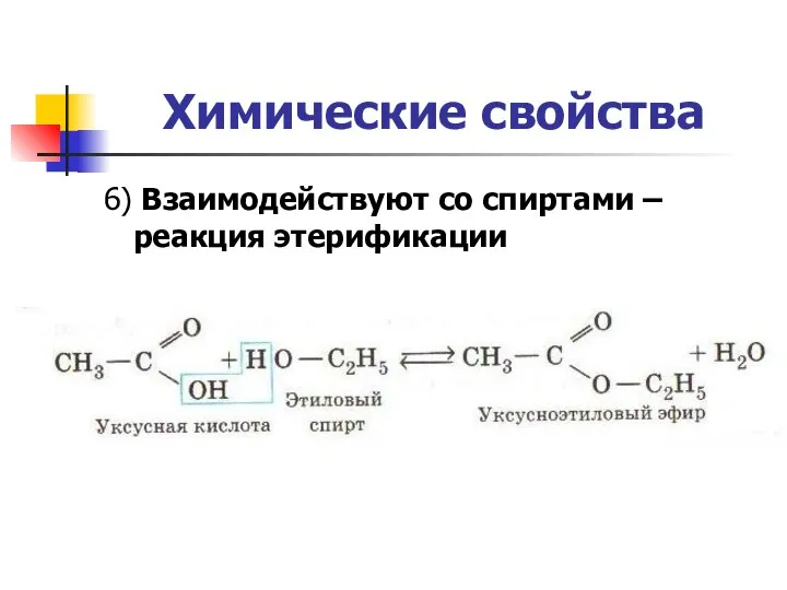 Химические свойства 6) Взаимодействуют со спиртами –реакция этерификации
