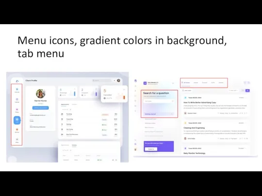 Menu icons, gradient colors in background, tab menu