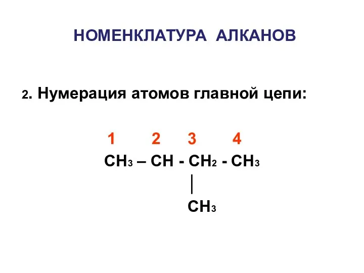 НОМЕНКЛАТУРА АЛКАНОВ 2. Нумерация атомов главной цепи: 1 2 3 4 CH3