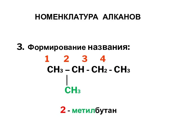 НОМЕНКЛАТУРА АЛКАНОВ 3. Формирование названия: 1 2 3 4 CH3 – CH