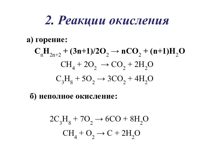 2. Реакции окисления CnH2n+2 + (3n+1)/2O2 → nCO2 + (n+1)H2O CH4 +