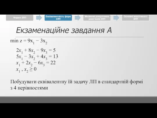 Екзаменаційне завдання А min z = 9x1 − 3x2 2x1 + 8x2