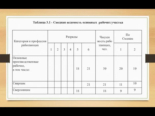 Таблица 3.1 - Сводная ведомость основных рабочих участка